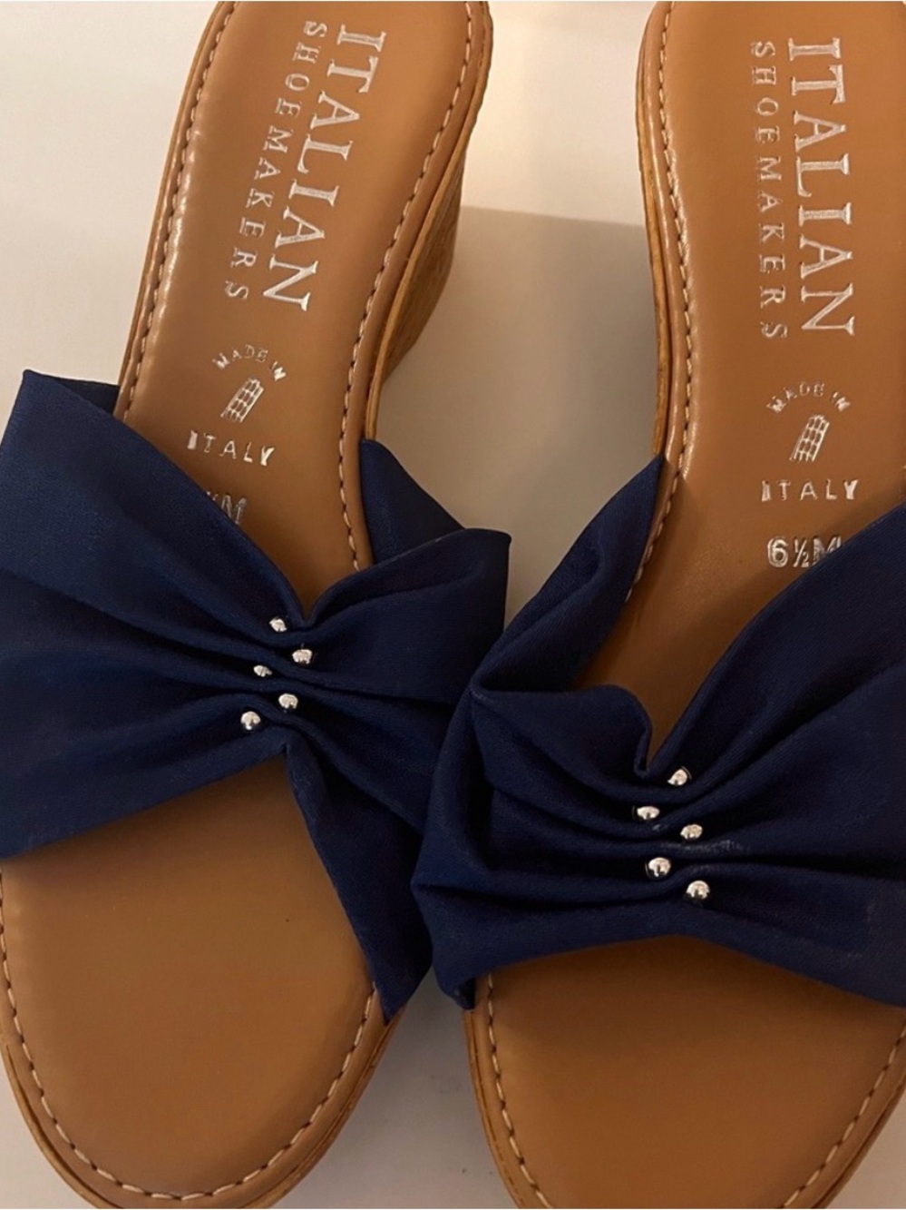Italian Shoemakers Navy Knot Slide Sandals with Stud Detail - Picture 2 of 4